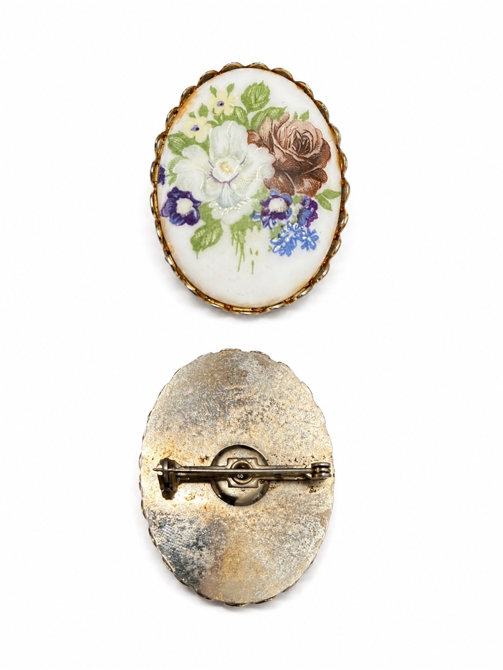 Floral Porcelain Oval Brooch vintage gold tone